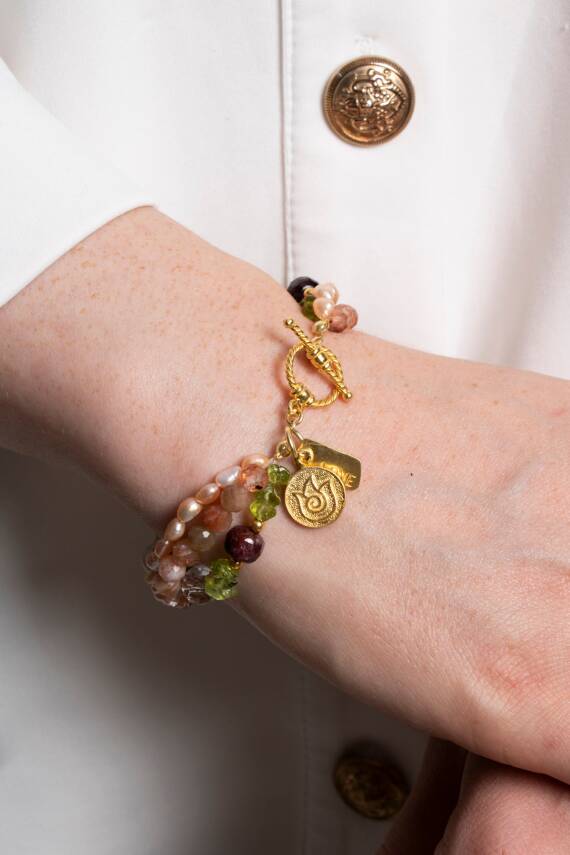 Sertifikalı Güneş Taşı, İnci, Lal, Zebercet, Ametist, Kristal Kuvars Gümüş Charm ve Aparatlı Bileklik (SK:082) - 6