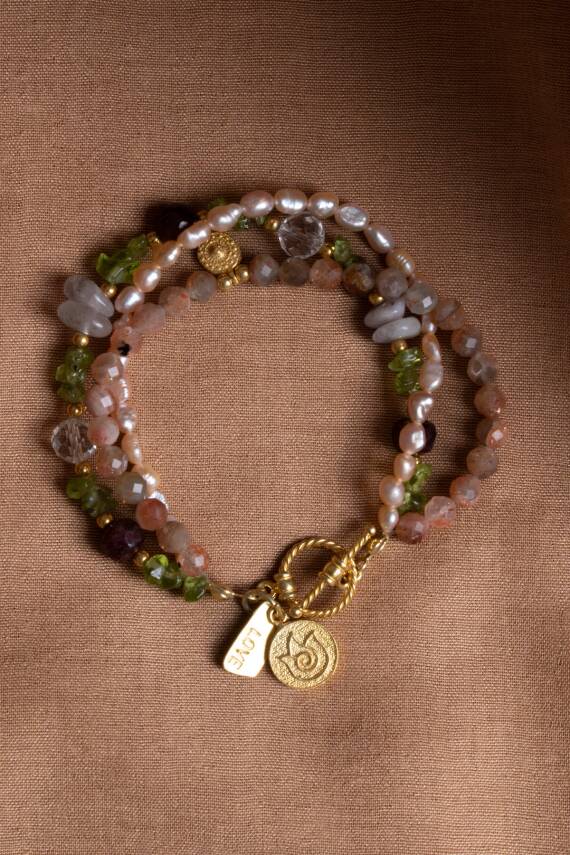 Sertifikalı Güneş Taşı, İnci, Lal, Zebercet, Ametist, Kristal Kuvars Gümüş Charm ve Aparatlı Bileklik (SK:082) - 9