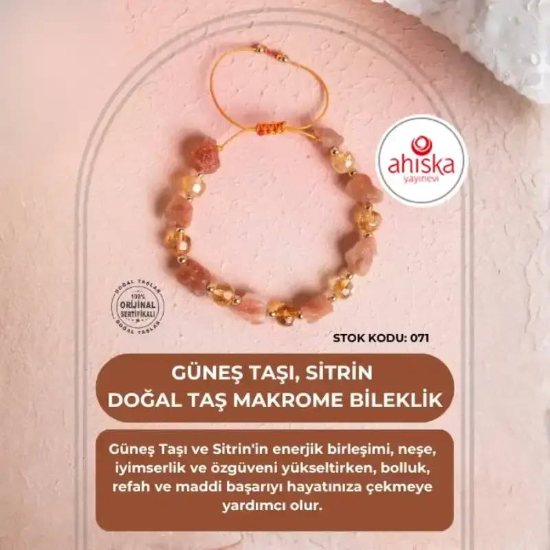 Sertifikalı Güneş Taşı, Sitrin Doğal Taş Makrome Bileklik (SK071) - 2