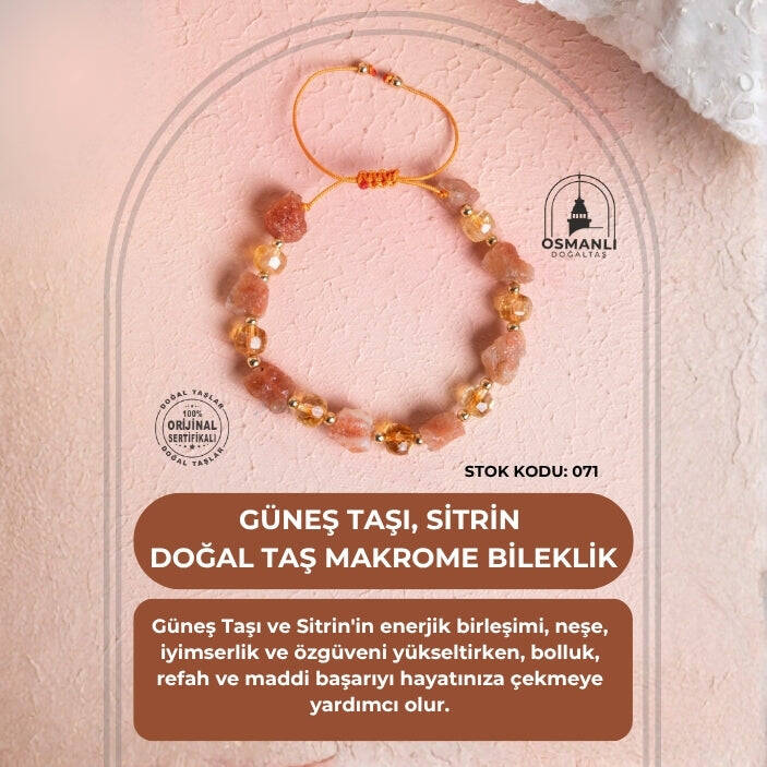 Sertifikalı Güneş Taşı, Sitrin Doğal Taş Makrome Bileklik (SK:071) - 2