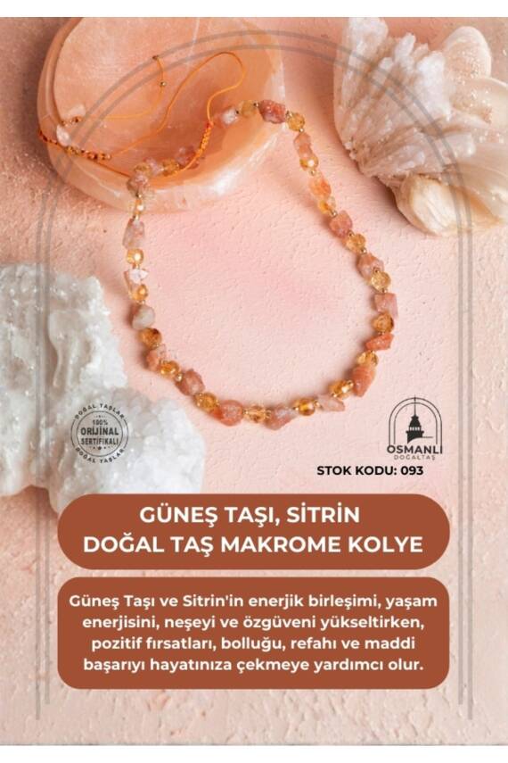 Sertifikalı Güneş Taşı, Sitrin Doğal Taş Makrome Kolye (SK:093) - 1
