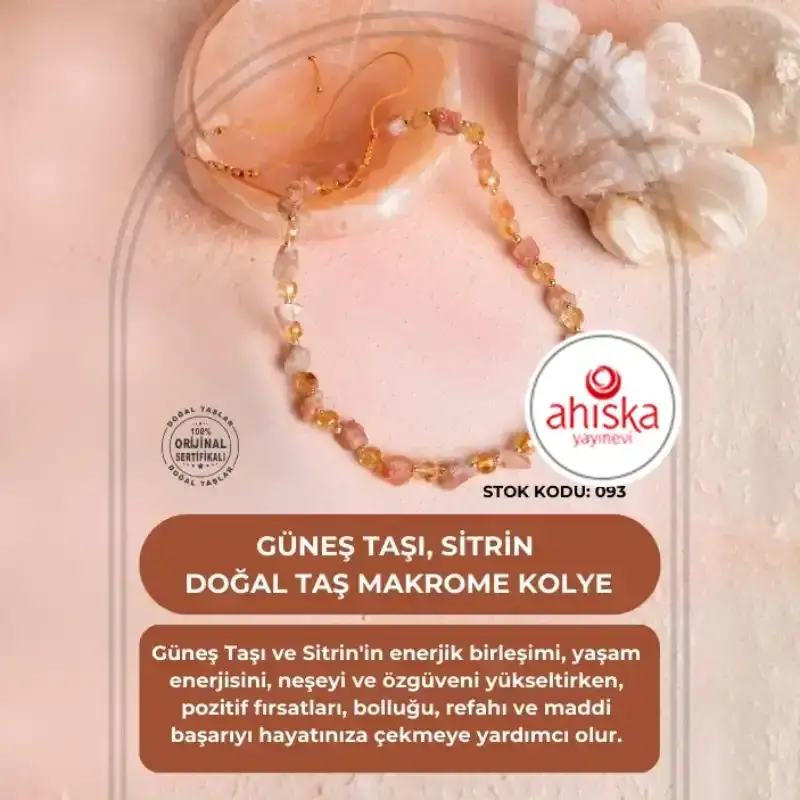 Sertifikalı Güneş Taşı, Sitrin Doğal Taş Makrome Kolye (SK093) - 2