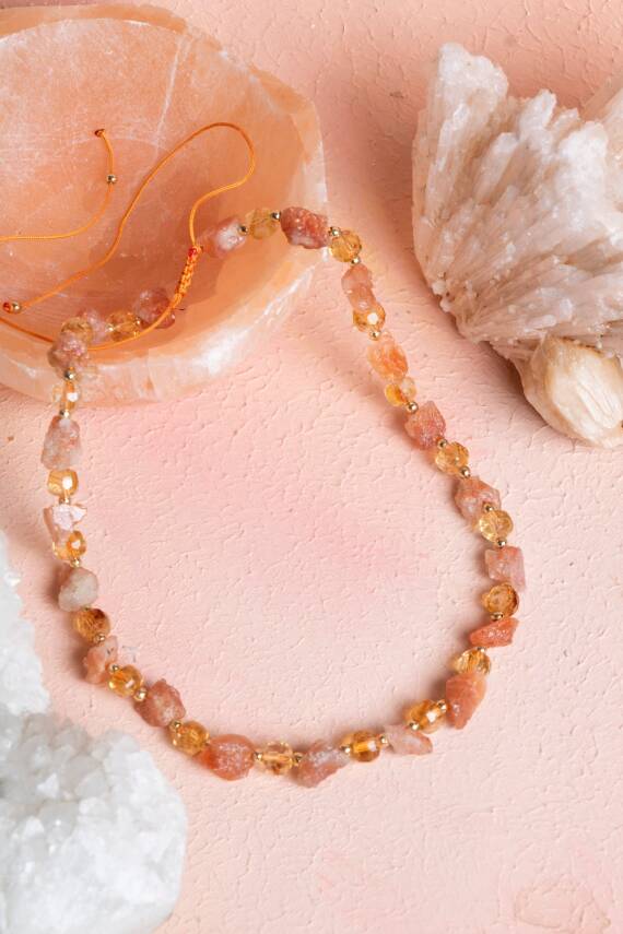 Sertifikalı Güneş Taşı, Sitrin Doğal Taş Makrome Kolye (SK:093) - 1