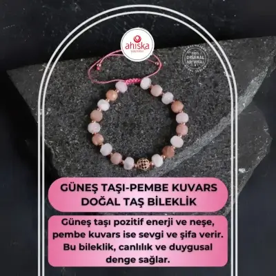 Sertifikalı Güneş Taşı ve Pembe Kuvars Bileklik - Doğal Taş (1)