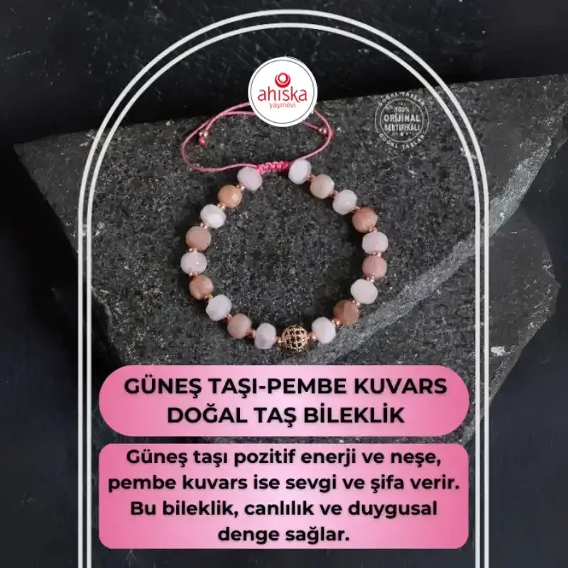 Sertifikalı Güneş Taşı ve Pembe Kuvars Bileklik - 2