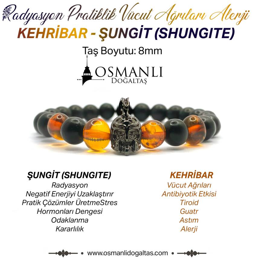 Sertifikalı Hakiki Kehribar - Şungit Doğal Taş Misinalı Bileklik - 1