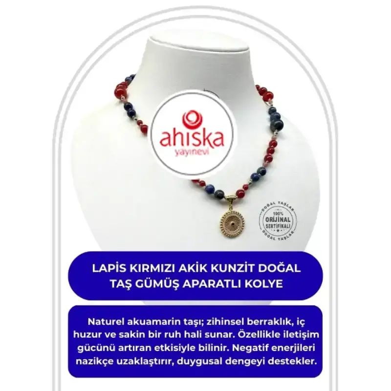 Sertifikalı Hakiki Lapis Kırmızı Akik Kunzit Doğal Taş Gümüş Aparatlı kolye - 2