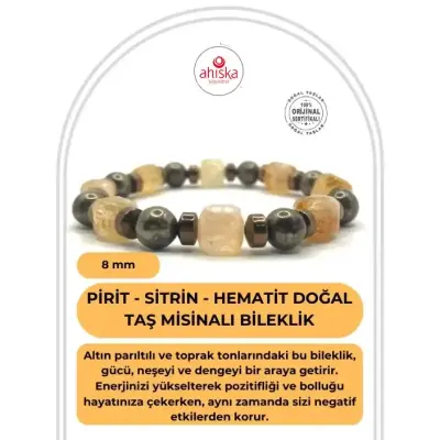 Sertifikalı Hakiki Orijinal 8mm Pirit - Sitrin - Hematit Doğal Taş Misinalı Bileklik - Doğal Taş (1)