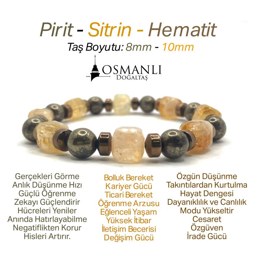 Sertifikalı Hakiki Orijinal 8mm Pirit - Sitrin - Hematit Doğal Taş Misinalı Bileklik - 1
