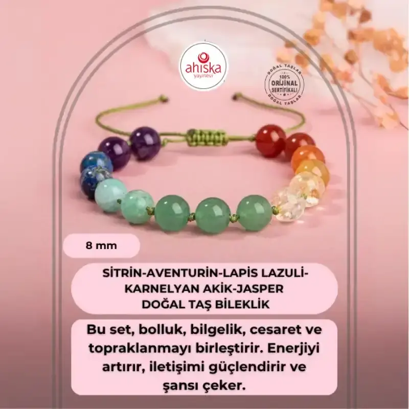Sertifikalı Hakiki Orijinal 8mm Sitrin-Aventurin-Lapis Lazuli-Karnelyan Akik-Jasper Örme İpli Bileklik - 2