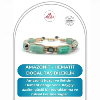 Sertifikalı Hakiki Orijinal Amazonit - Hematit Doğal Taş İpli Bileklik (Köşeli Makrome Model) - 1
