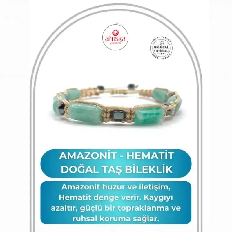 Sertifikalı Hakiki Orijinal Amazonit - Hematit Doğal Taş İpli Bileklik (Köşeli Makrome Model) - 1