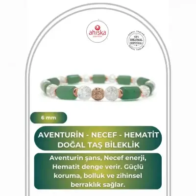 Sertifikalı Hakiki Orijinal Aventurin - 6mm Necef - Hematit Doğal Taş Misinalı Bileklik - 1