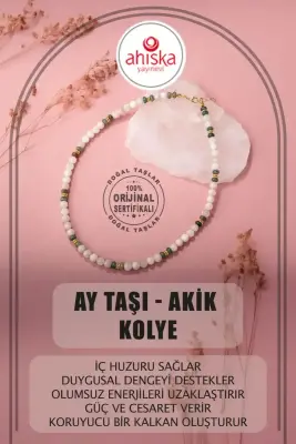 Sertifikalı Hakiki Orijinal Ay Taşı ve Akik Doğal Taş Dizi Kolye - 1