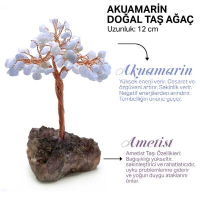 Sertifikalı Hakiki Orijinal Doğal Taş Akuamarin Ağaç - Alt Kısmı Ametist - Doğal Taş