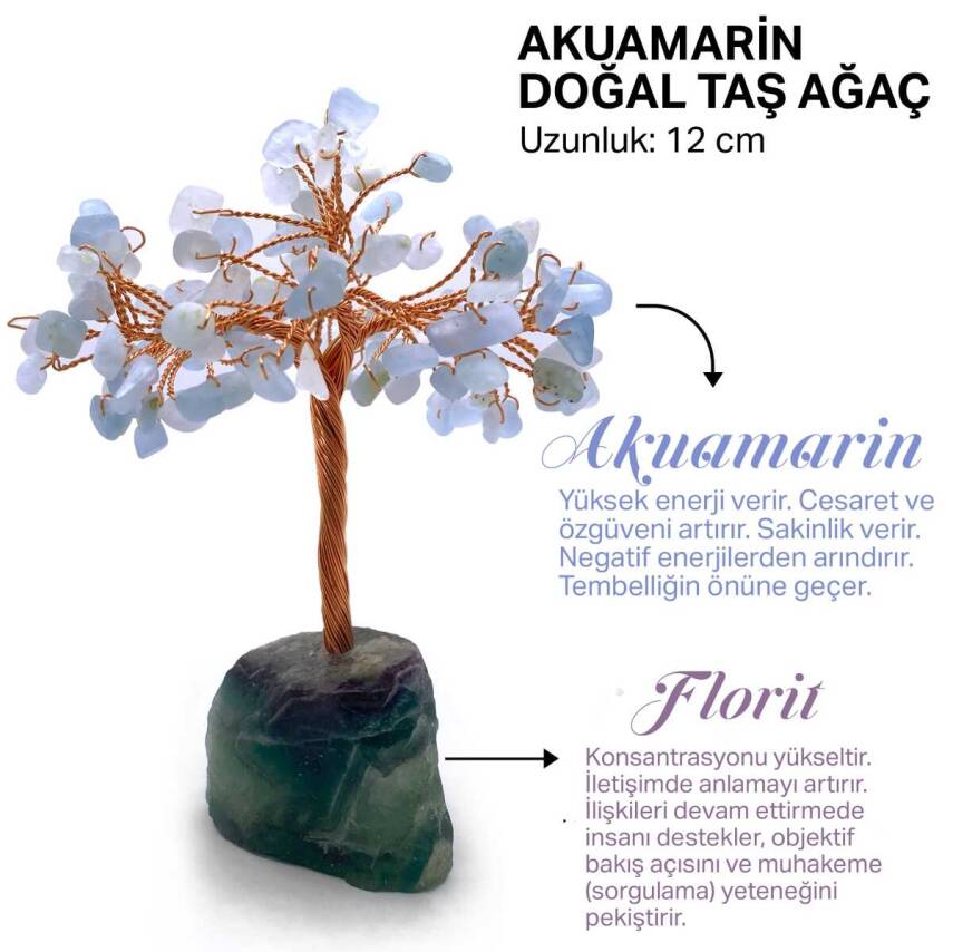 Sertifikalı Hakiki Orijinal Doğal Taş akuamarin Ağaç - Alt Kısmı Mor Florit - 1
