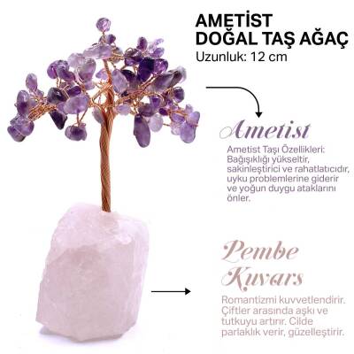 Sertifikalı Hakiki Orijinal Doğal Taş Ametist Ağaç - Alt Kısmı Pembe Kuvars - Doğal Taş