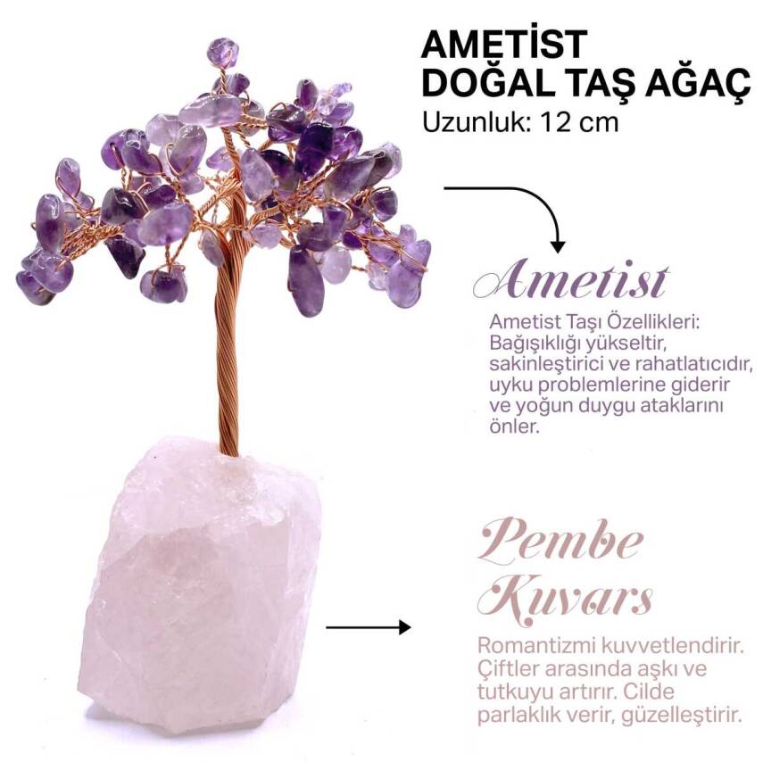 Sertifikalı Hakiki Orijinal Doğal Taş Ametist Ağaç - Alt Kısmı Pembe Kuvars - 1