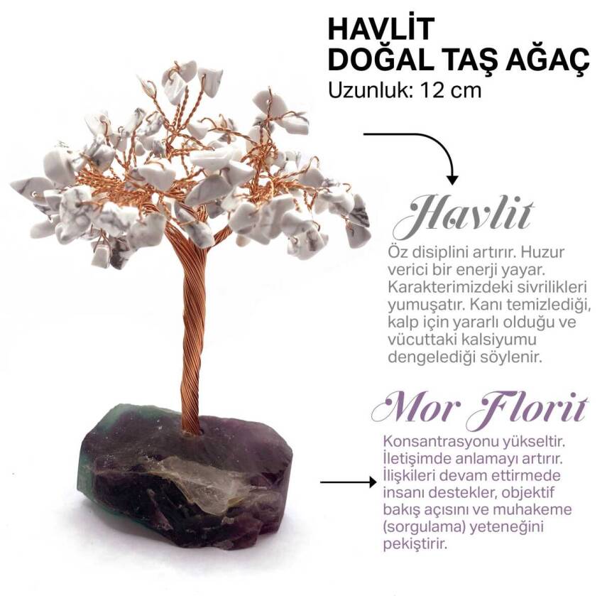 Sertifikalı Hakiki Orijinal Doğal Taş Havlit Ağaç - Alt Kısmı Mor Florit - 1