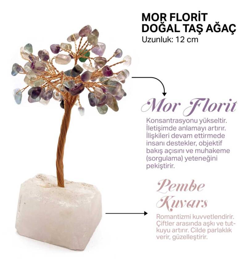 Sertifikalı Hakiki Orijinal Doğal Taş Mor Florit Ağaç - Alt Kısmı Pembe Kuvars - 1