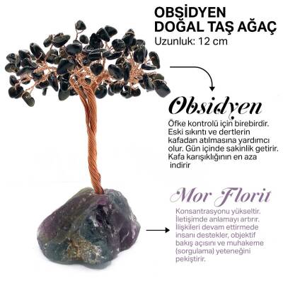 Sertifikalı Hakiki Orijinal Doğal Taş Obsidyen Ağaç - Alt Kısmı Mor Florit - Doğal Taş