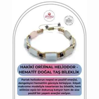 Sertifikalı Hakiki Orijinal Heliodor - Hematit Doğal Taş İpli Bileklik (Köşeli Makrome Model) - 1