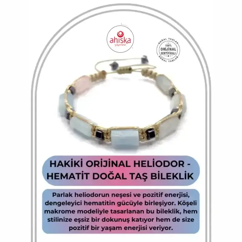 Sertifikalı Hakiki Orijinal Heliodor - Hematit Doğal Taş İpli Bileklik (Köşeli Makrome Model) - 1