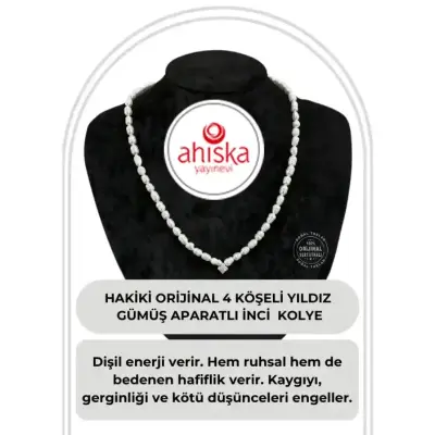 Sertifikalı Hakiki Orijinal İnci Doğal Taş Gümüş Aparatlı (4 Köşeli Yıldız Aparatlı) Kolye - 1