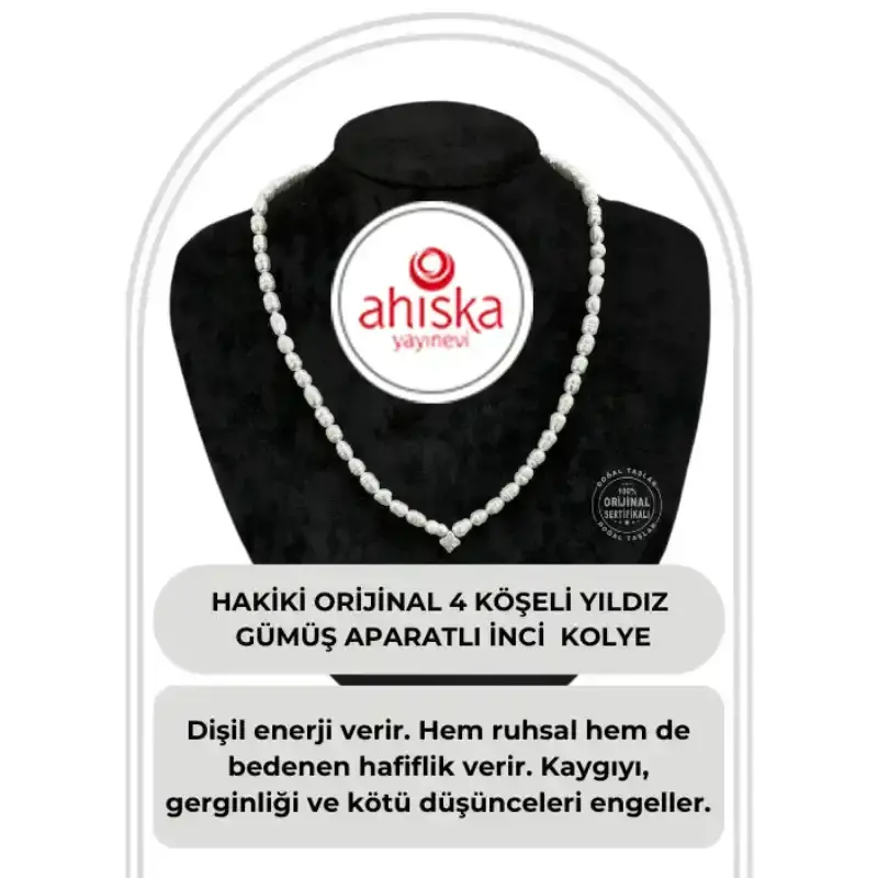 Sertifikalı Hakiki Orijinal İnci Doğal Taş Gümüş Aparatlı (4 Köşeli Yıldız Aparatlı) Kolye - 1