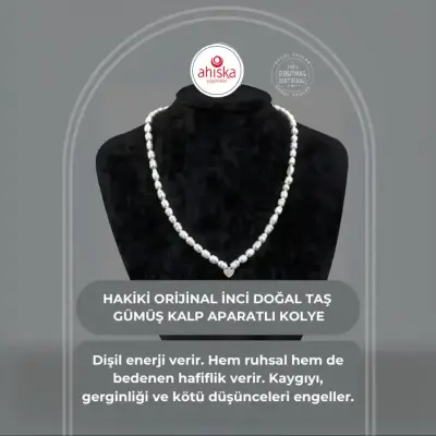 Sertifikalı Hakiki Orijinal İnci Doğal Taş Gümüş Aparatlı (Kalp Aparatlı) Kolye - 1