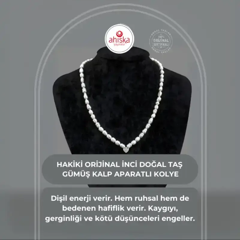 Sertifikalı Hakiki Orijinal İnci Doğal Taş Gümüş Aparatlı (Kalp Aparatlı) Kolye - 1