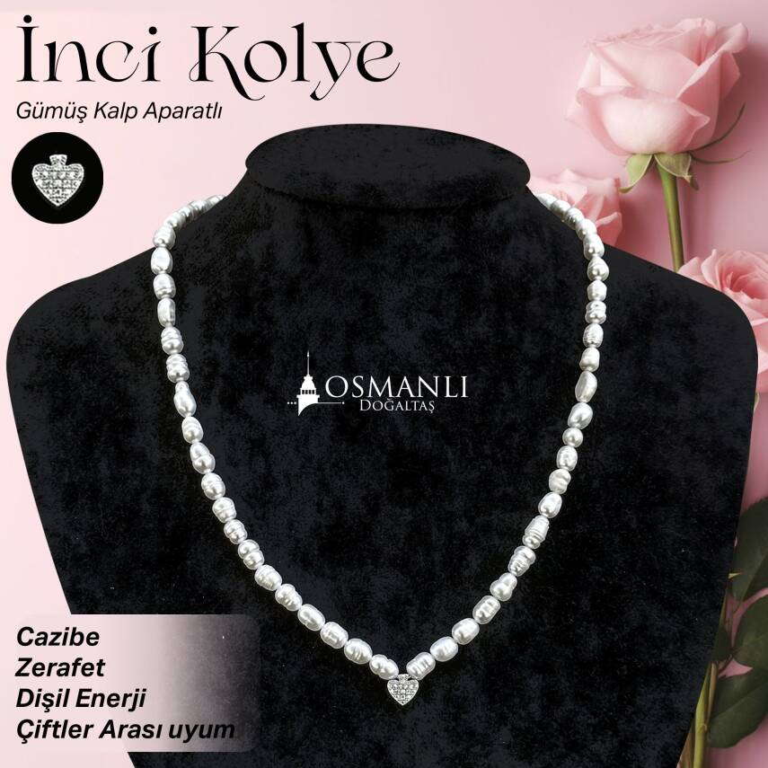 Sertifikalı Hakiki Orijinal İnci Doğal Taş Gümüş Aparatlı (Kalp Aparatlı) Kolye - 1