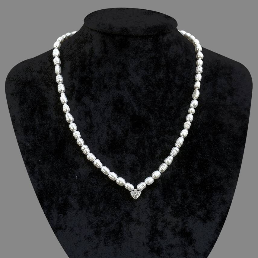 Sertifikalı Hakiki Orijinal İnci Doğal Taş Gümüş Aparatlı (Kalp Aparatlı) Kolye - 2