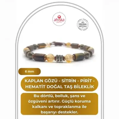 Sertifikalı Hakiki Orijinal Kaplan Gözü - 6mm Sitrin - Pirit - Hematit Doğal Taş İpli Ayarlanabilir Bileklik - Doğal Taş (1)