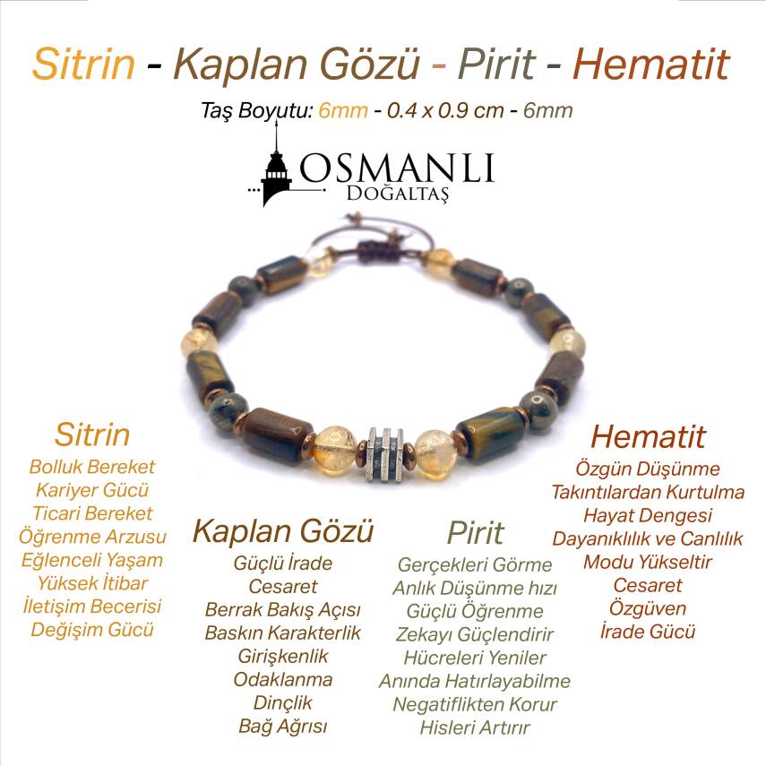 Sertifikalı Hakiki Orijinal Kaplan Gözü - 6mm Sitrin - Pirit - Hematit Doğal Taş İpli Ayarlanabilir Bileklik - 1