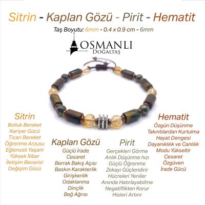 Sertifikalı Hakiki Orijinal Kaplan Gözü - 6mm Sitrin - Pirit - Hematit Doğal Taş İpli Ayarlanabilir Bileklik - 2