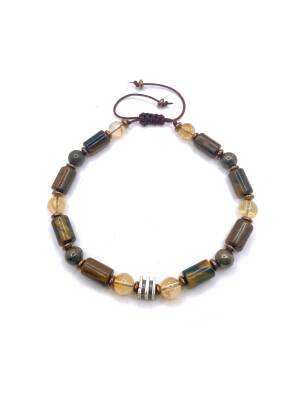 Sertifikalı Hakiki Orijinal Kaplan Gözü - 6mm Sitrin - Pirit - Hematit Doğal Taş İpli Ayarlanabilir Bileklik - 5