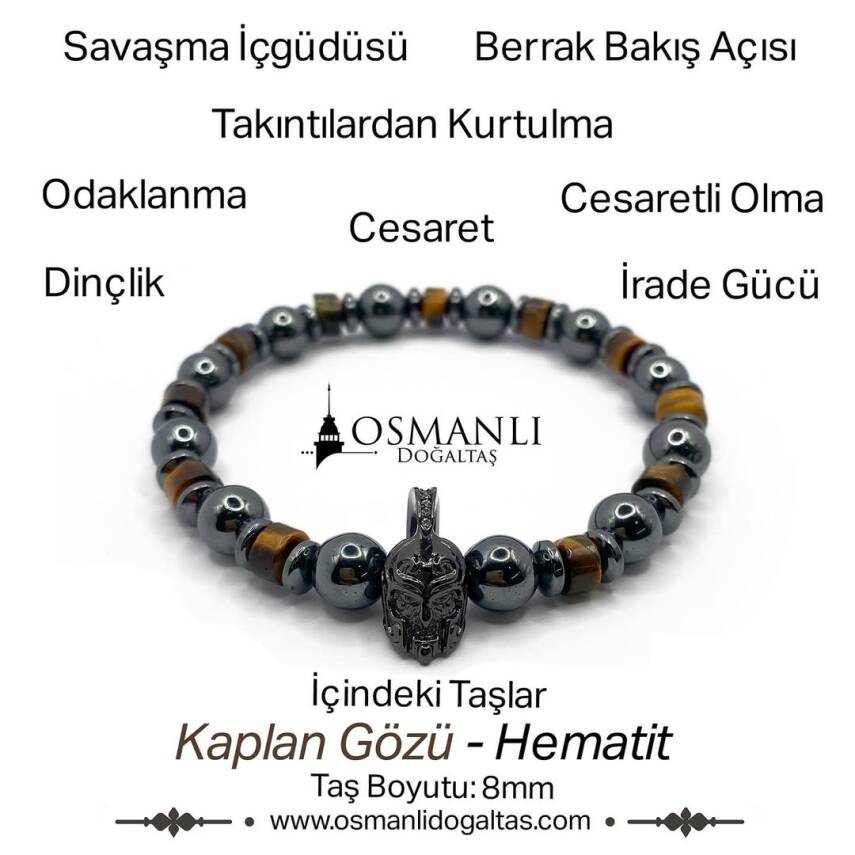 Sertifikalı Hakiki Orijinal Kaplan Gözü - Hematit 8mm Gladyatör Aparatlı Misinalı Doğal Taş Bileklik - 2