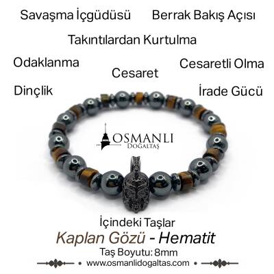 Sertifikalı Hakiki Orijinal Kaplan Gözü - Hematit 8mm Gladyatör Aparatlı Misinalı Doğal Taş Bileklik - Osmanlı Doğaltaş