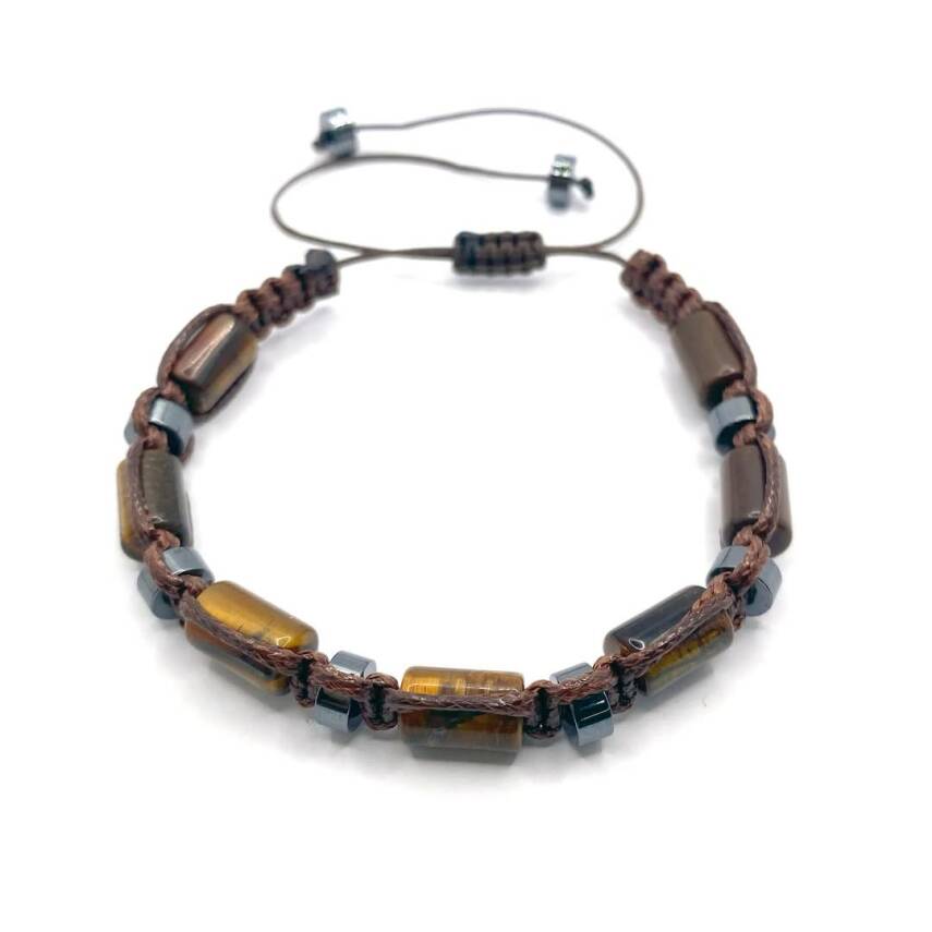 Sertifikalı Hakiki Orijinal Kaplan Gözü - Hematit Doğal Taş İpli Bileklik (Köşeli Makrome Model) - 1