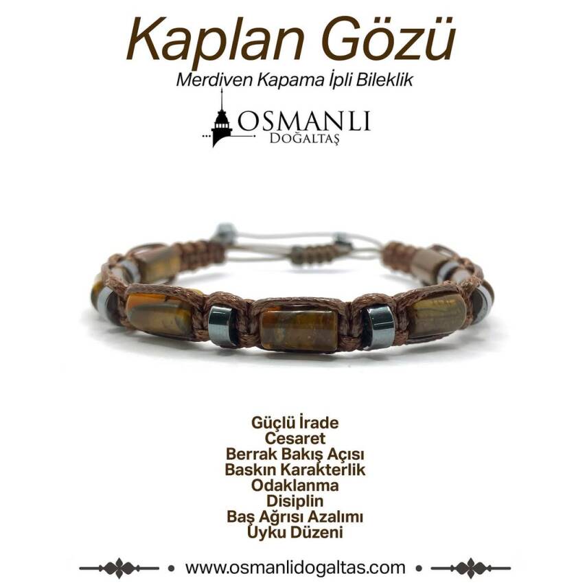 Sertifikalı Hakiki Orijinal Kaplan Gözü - Hematit Doğal Taş İpli Bileklik (Köşeli Makrome Model) - 2