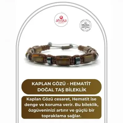 Sertifikalı Hakiki Orijinal Kaplan Gözü - Hematit Doğal Taş İpli Bileklik (Köşeli Makrome Model) - 1