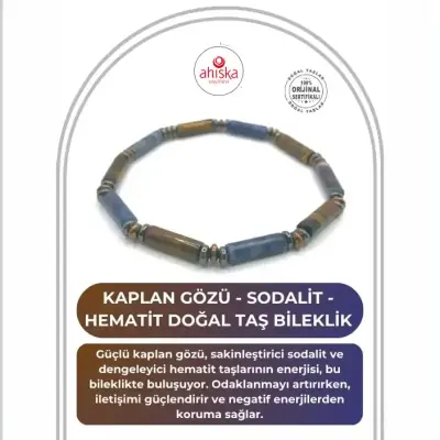 Sertifikalı Hakiki Orijinal Kaplan Gözü - Sodalit - Hematit Doğal Taş Misinalı Bileklik - 1