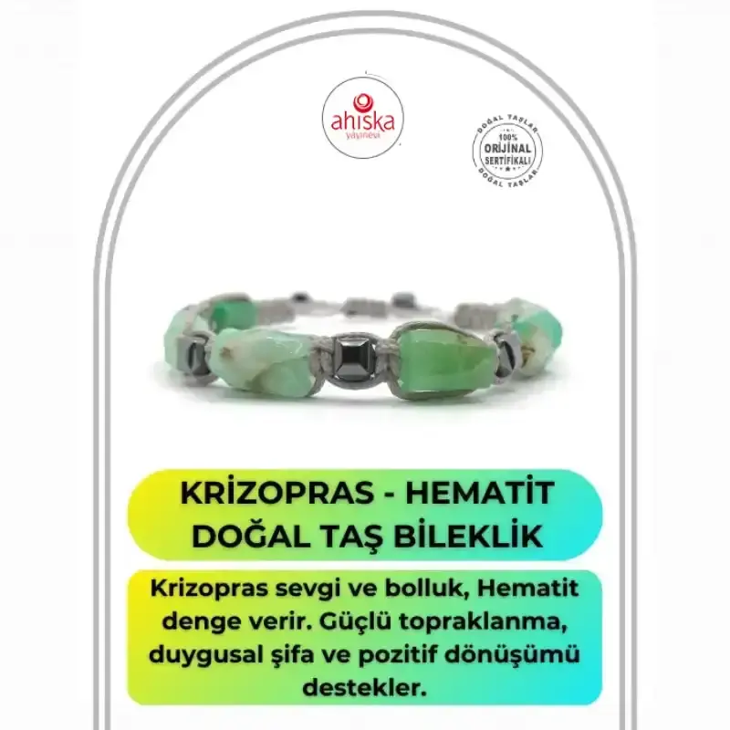 Sertifikalı Hakiki Orijinal Krizopras - Hematit Doğal Taş İpli Bileklik (Köşeli Makrome Model) - 1