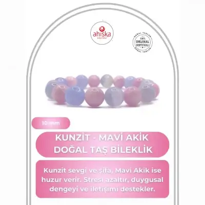 Sertifikalı Hakiki Orijinal Kunzit - Mavi Akik Doğal Taş 10mm Misinalı Bileklik - Doğal Taş (1)