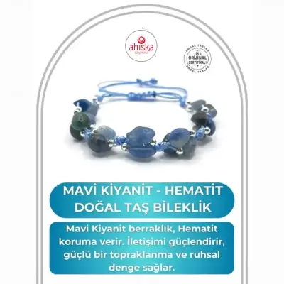 Sertifikalı Hakiki Orijinal Mavi Kiyanit - Hematit Doğal Taş İpli Merdiven Kapama Bileklik - Doğal Taş (1)