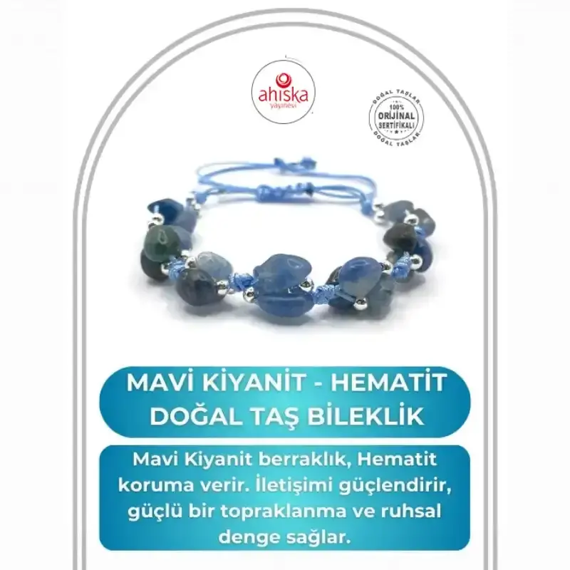 Sertifikalı Hakiki Orijinal Mavi Kiyanit - Hematit Doğal Taş İpli Merdiven Kapama Bileklik - 2