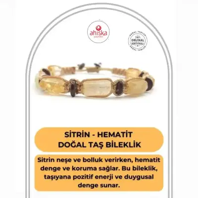 Sertifikalı Hakiki Orijinal Sitrin - Hematit Doğal Taş İpli Bileklik (Köşeli Makrome Model) - Doğal Taş (1)