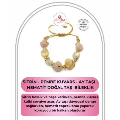 Sertifikalı Hakiki Orijinal Sitrin - Pembe Kuvars - Ay Taşı - Hematit Doğal Taş İpli Merdiven Kapama Bileklik - 1