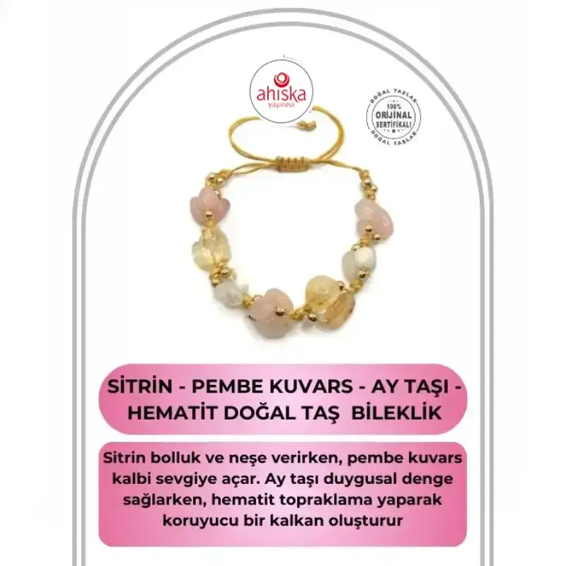 Sertifikalı Hakiki Orijinal Sitrin - Pembe Kuvars - Ay Taşı - Hematit Doğal Taş İpli Merdiven Kapama Bileklik - 1